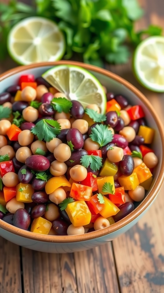 A colorful bowl of vegan 3 bean salad with kidney beans, black beans, chickpeas, bell peppers, and lime.